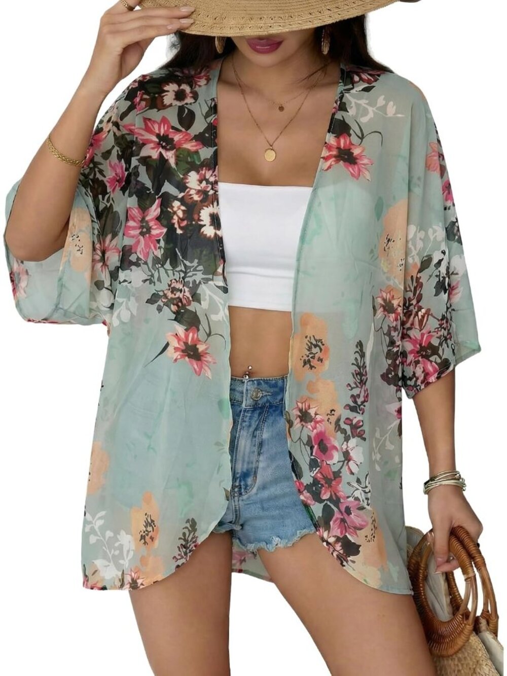 Women's Green Chiffon Kimono Cardigan Open Front Blouse Swimwear Cover Up